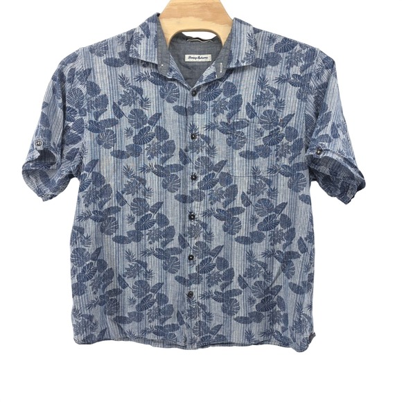 Tommy Bahama Other - Tommy Bahama Mens Blue Tropical Leaf Stripe Linen Cotton Short Sleeve Shirt 2XL
